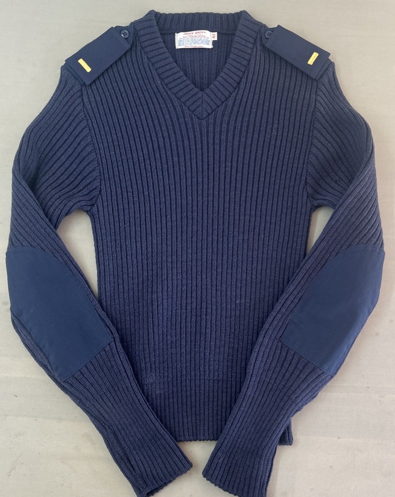 Vtg Iron Run Sweater Mens 42 USAF 100% Virgin Wool Navy Blue Elbow Patches ‘82