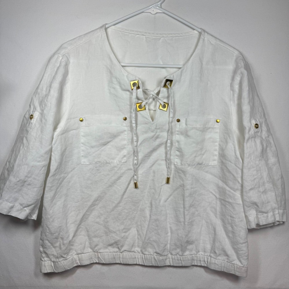 Ellen Tracy White Linen Blouse with Gold Accent Lace-Up Detail 3/4 Sleeve Size M/L No Tag