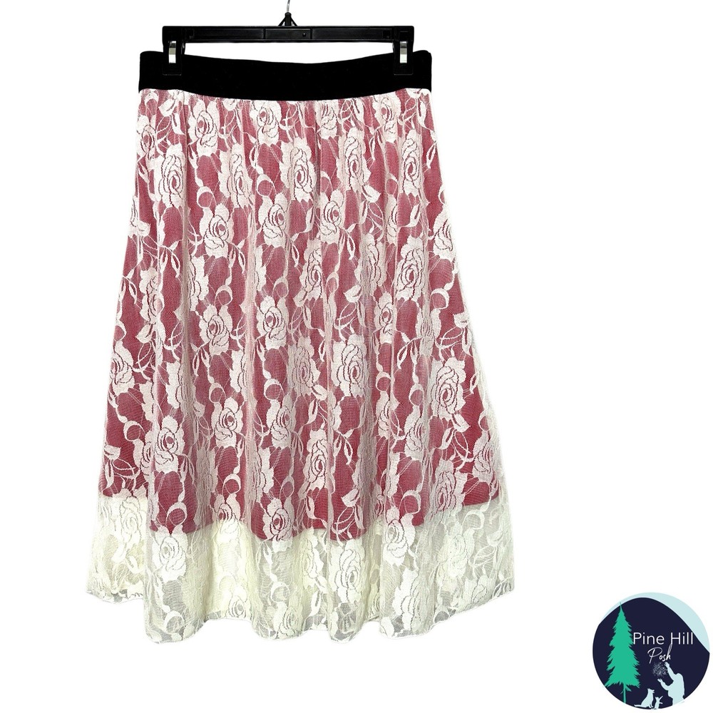 NEW LulaRoe Lola Midi Skirt Sz Medium Cream Red Lace Lined Pull-on Boho Peasant