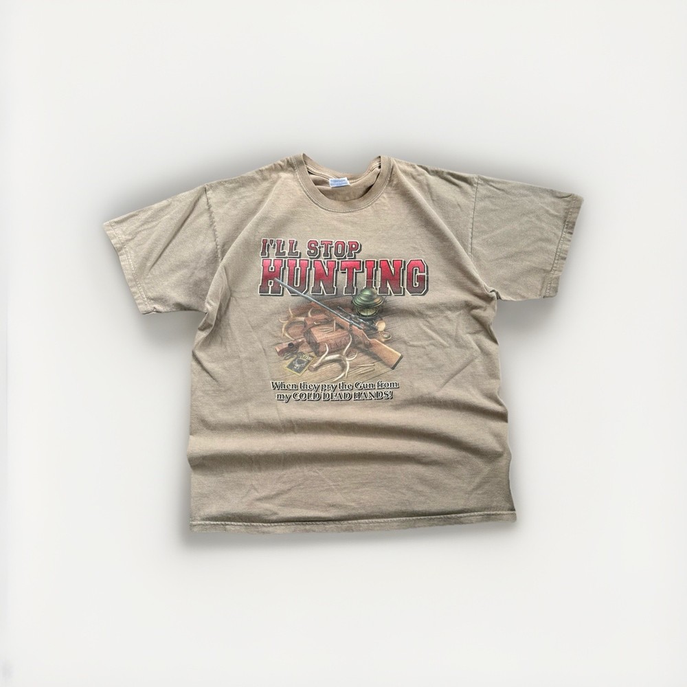 Funny Men's Graphic Print T-Shirt Beige Cotton Crew Neck Hunting Short Sleeve