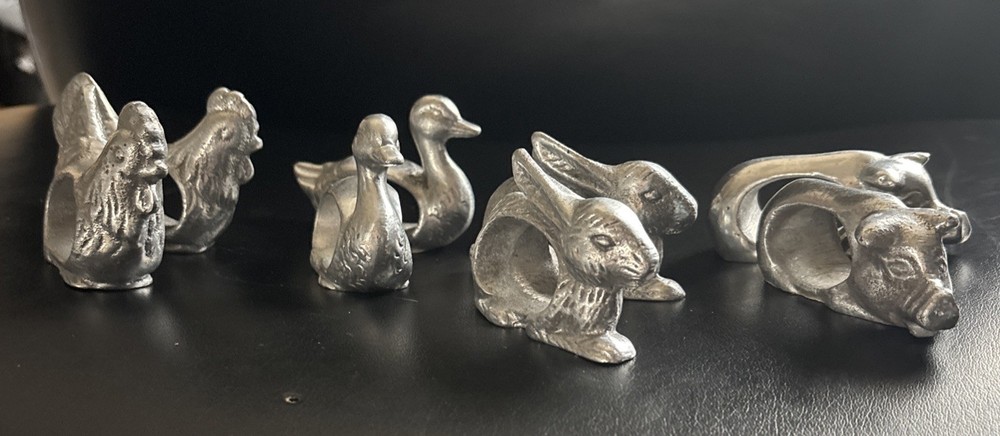 Vintage Pewter Napkin Rings Farm Animals Set Of 8. 2 Of Each Animal