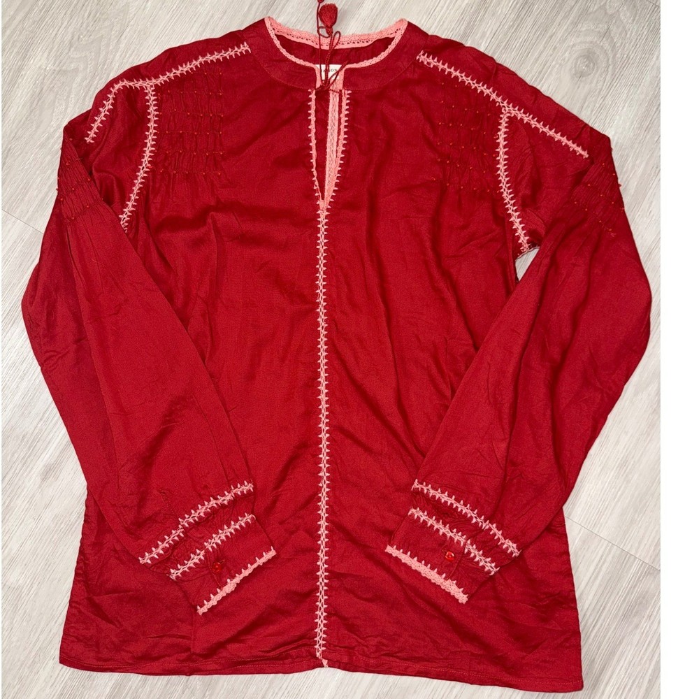 Maison Hotel Red Embroidered Beaded Peasant Blouse Tassel Tie Top XS