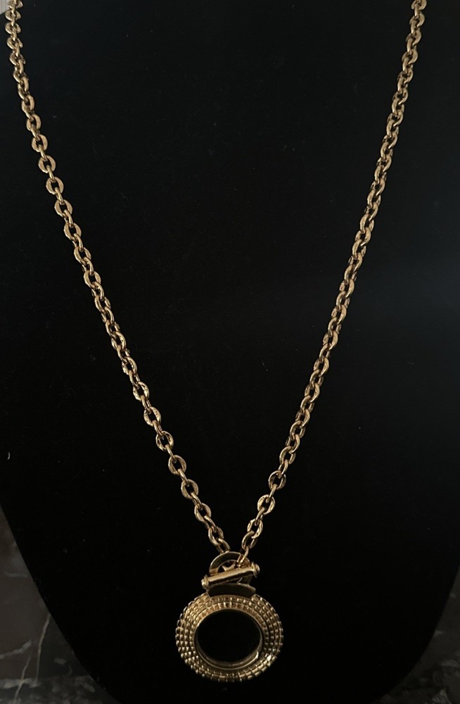 Vintage St John SJ Gold Plated Magnifier Glass Pendant 32” Long Chain Necklace