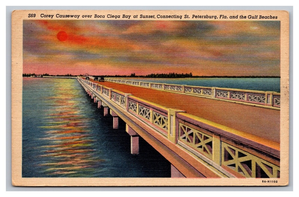 Corey Causeway Boca Ciega Bay Sunset St Petersburg Beaches  Postcard Posted 1965