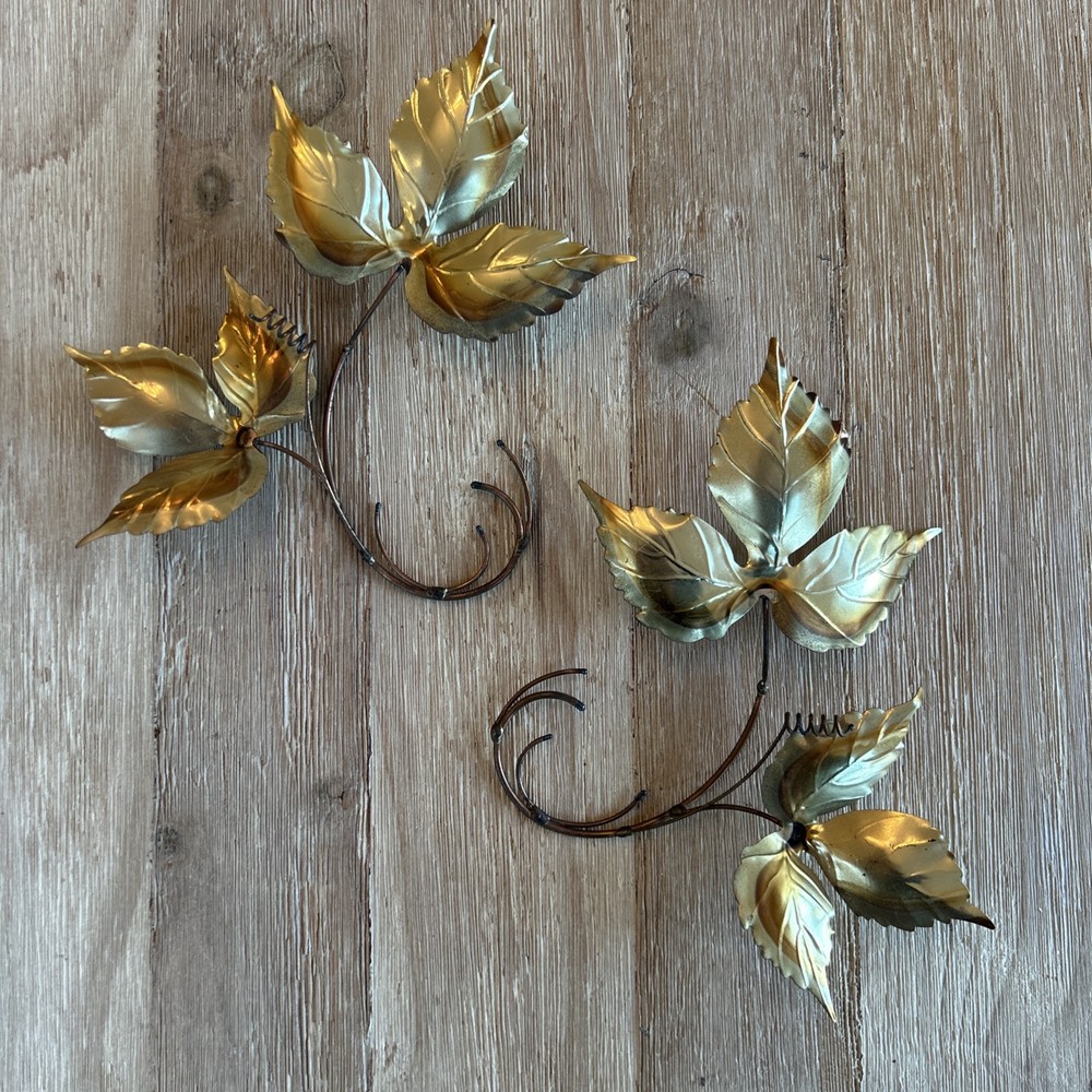HOMCO SET of 2 GOLDTONE METAL ACCENT LEAVES WALL DECOR Vintage