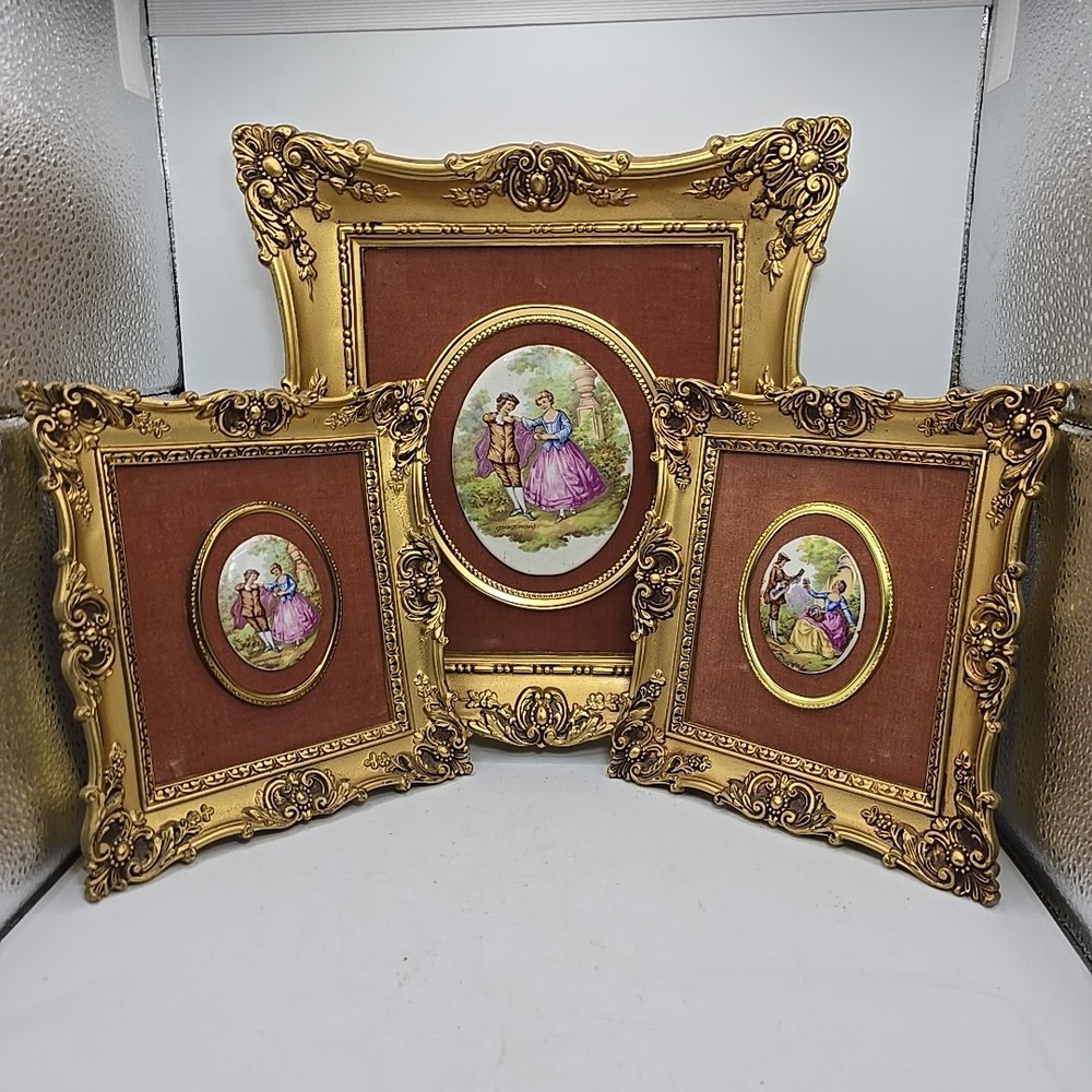 VTG B&S Creations Fragonard Courting Couple Porcelain Plaque Gold Ornate Frame