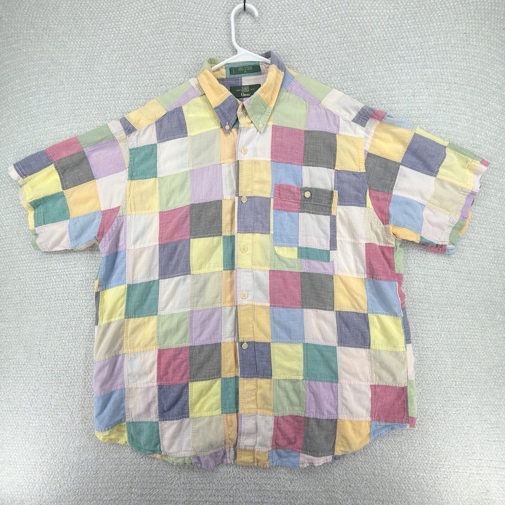 Vintage Eddie Bauer Shirt Mens XL Madras Patchwork Button Up Camp Preppy Retro