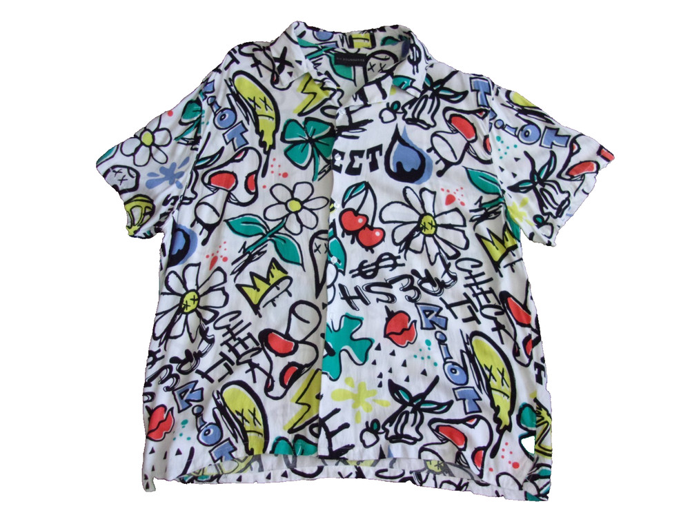 No Boundaries Button Down Shirt Graffiti Graphic Print Size 3XL Rayon Big & Tall