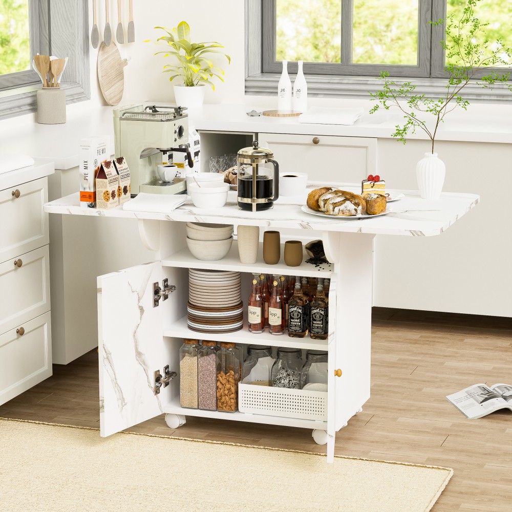 Wooden folding dining table W storage rack and cabinet with 6 detachable wheels