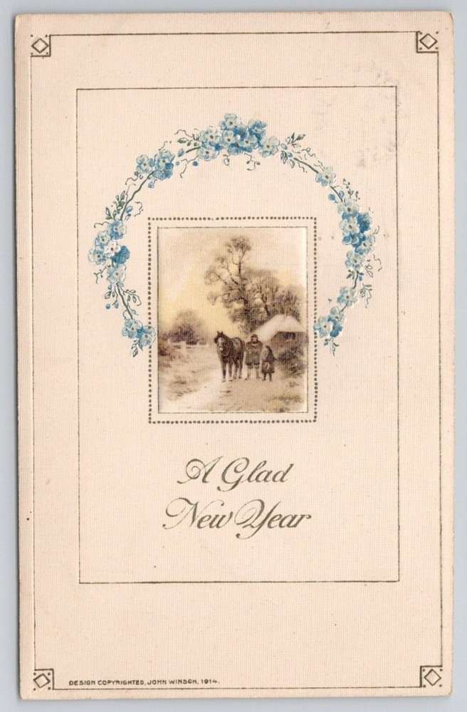 1914 John Winsch A Glad New Year Postcard Newark NJ Postmark Horse Umbrella