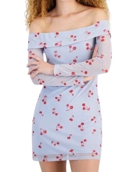 Tinseltown Junior's Off-The-Shoulder Mini Dress Blue Cherries Small