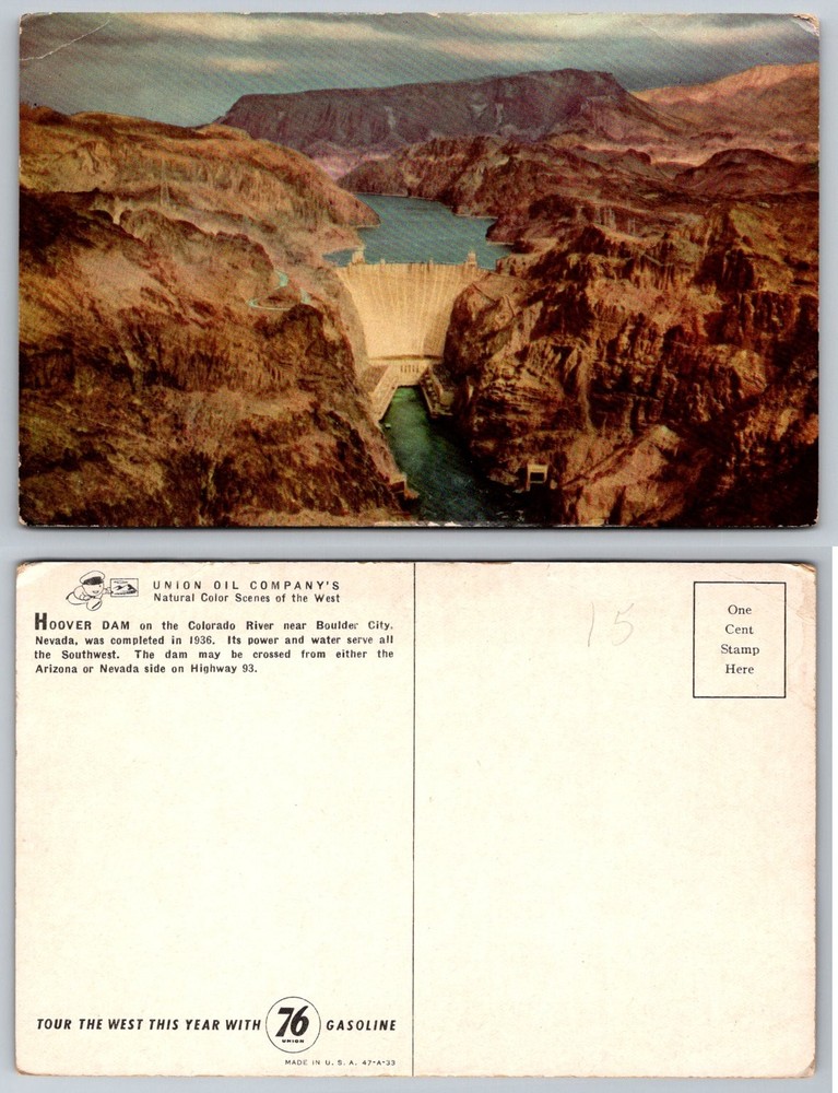 Vintage Hoover Dam Nevada Union Oil 76 Gasoline Postcard c.1947 Colorado River