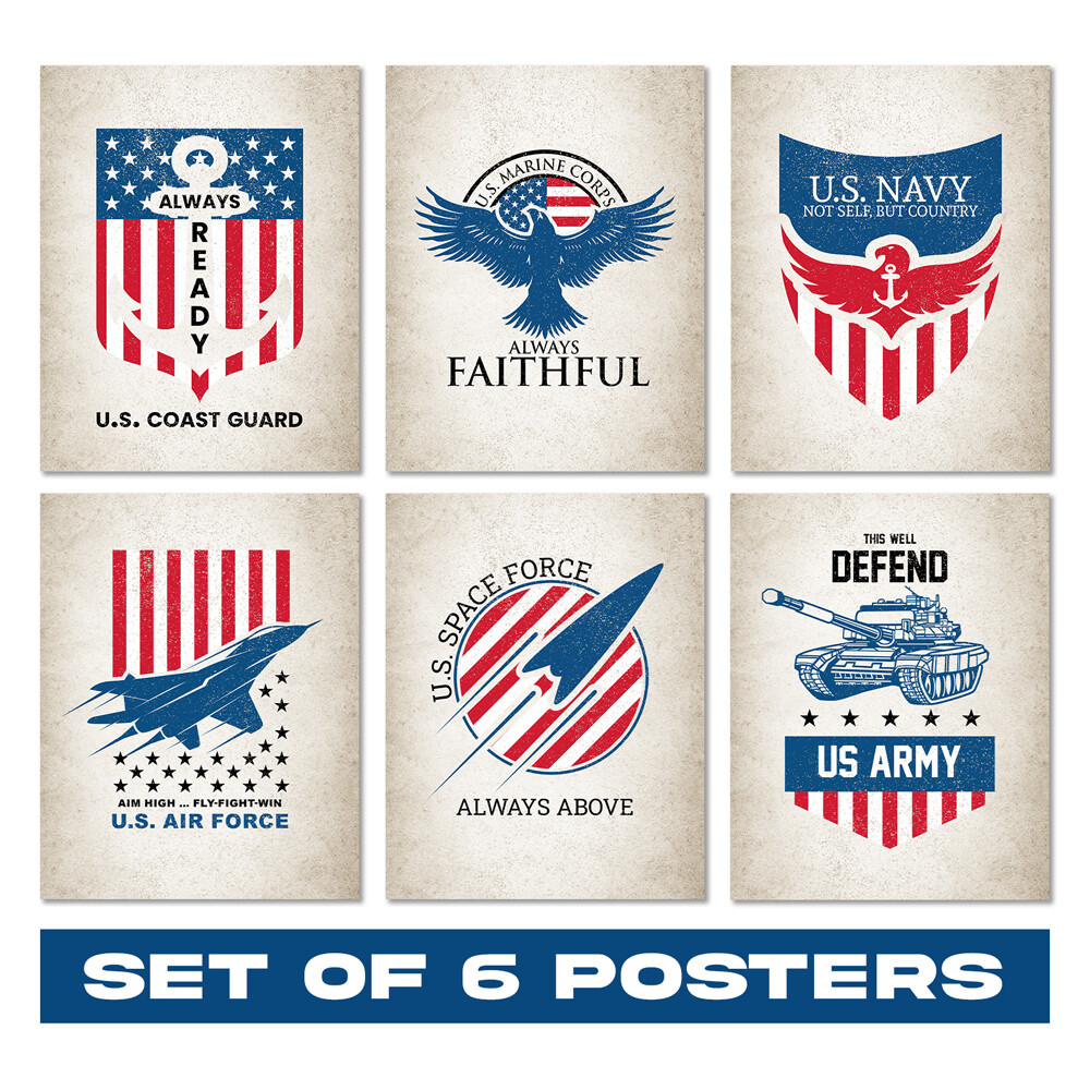 6 US Military Logo Posters – Air Force Marines Navy Memorabilia in Ivory