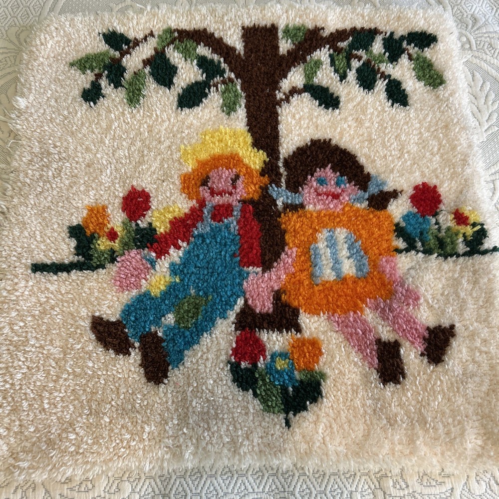 70s Boho Latch Hook Rug Boy & Girl Spring Scene Retro 27” Wall Hanging.