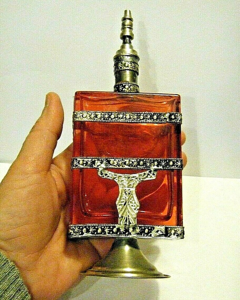 Large Vintage Silver Mounted Pink Glass Rose Water Perfume Bottle Middle Eastern