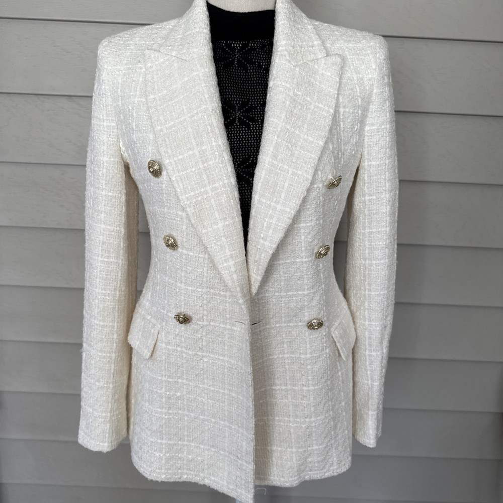 ZARA TEXTURED DOUBLE-BREASTED BLAZER Sz XS ecru White ASO Kate ROYAL NWOT