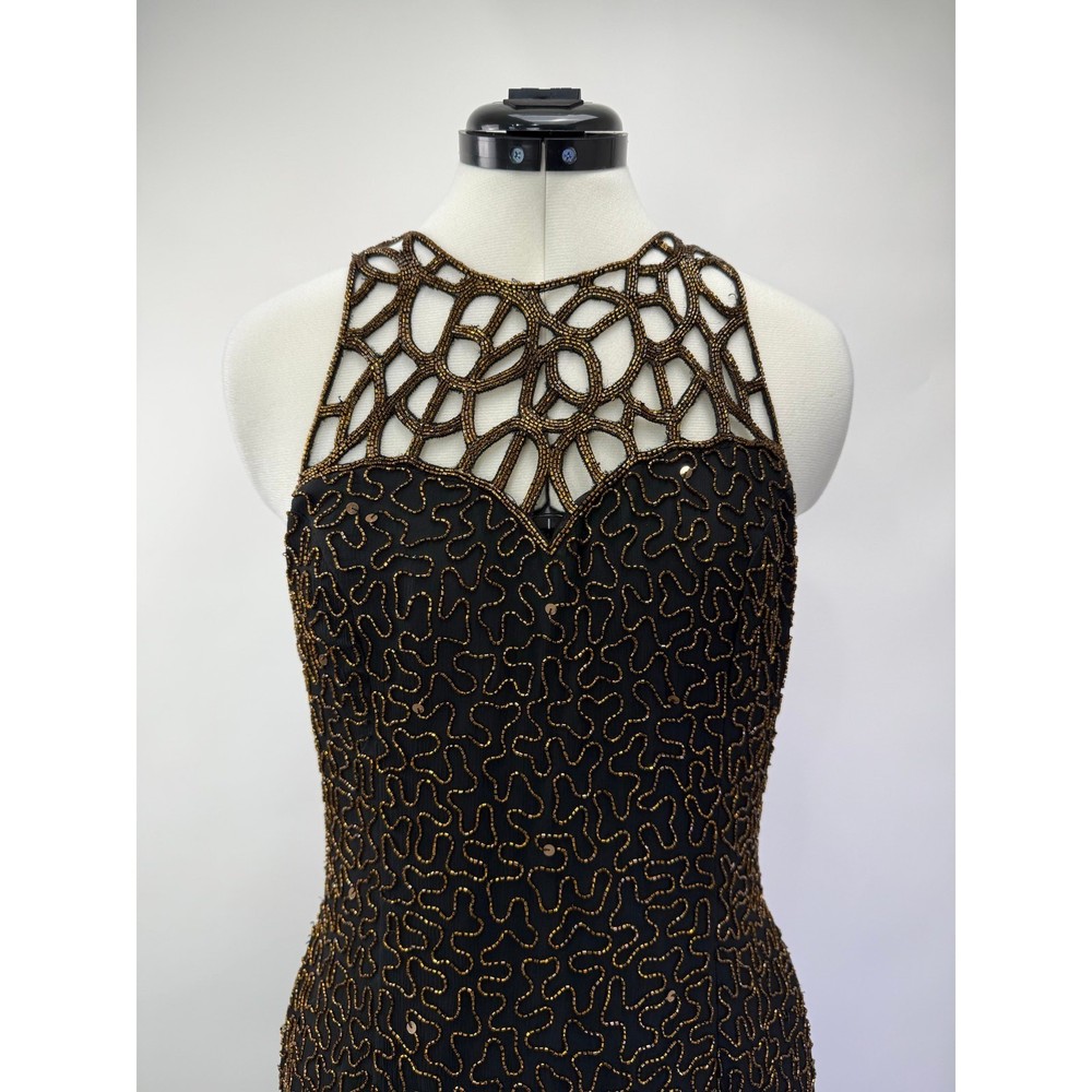Vintage Scala Silk Black Gold Beaded Column Gown XS Art Deco Gatsby Formal Dress