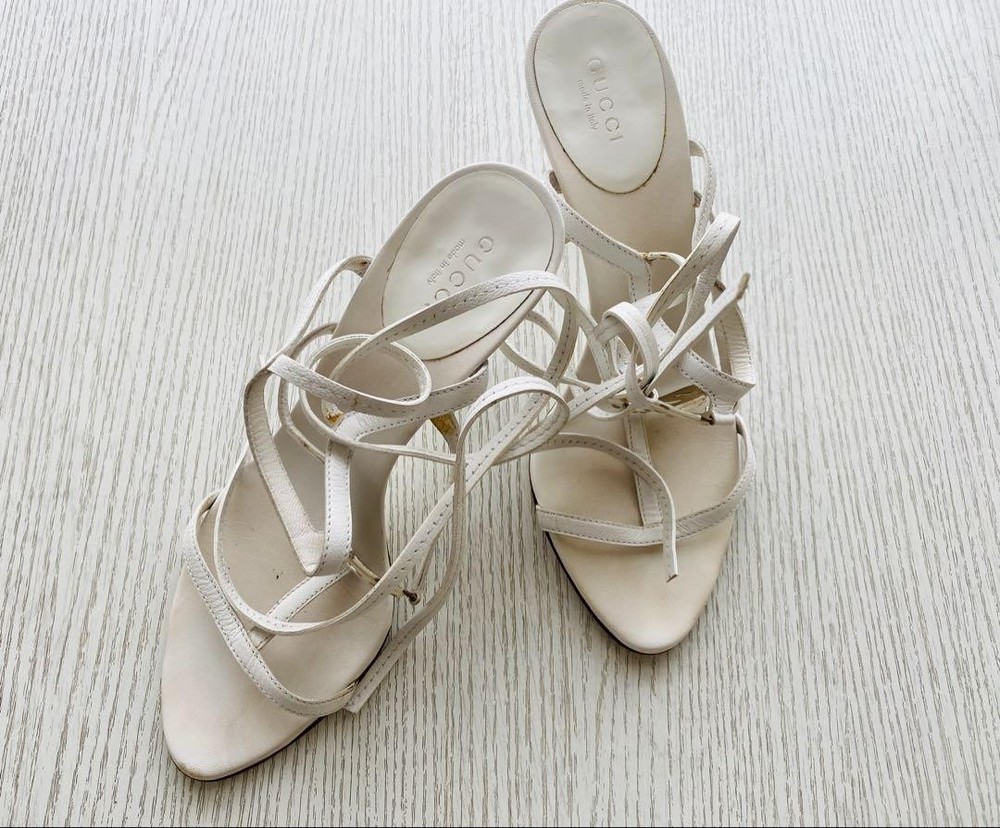 Gucci White Women Heel Mule Sandals Size 36.5 Ag1136 Pre-Owned