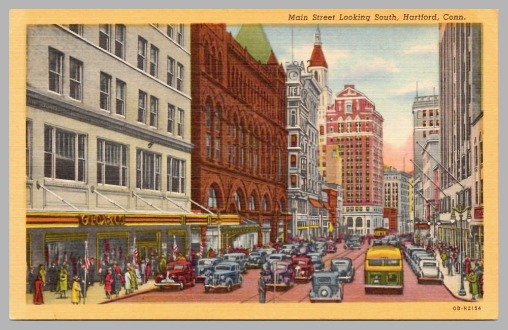 Main Street Looking South Hartford Connecticut Linen 1940 Vintage Cars Postcard