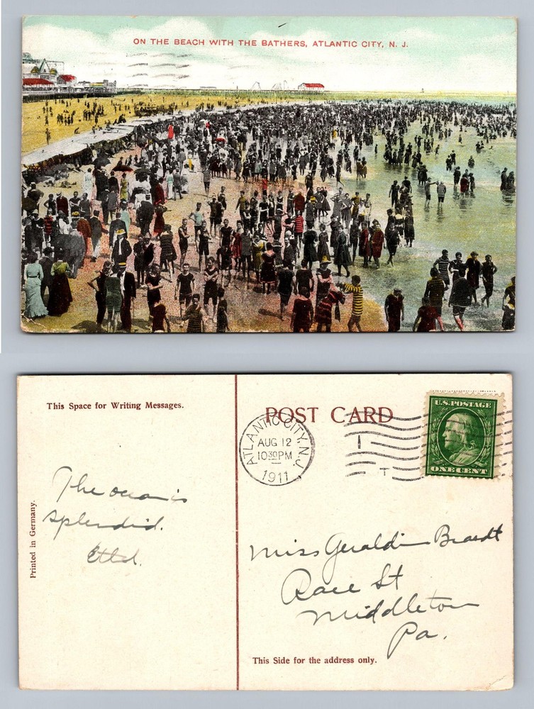 Atlantic City, NJ-New Jersey, Bathers on Beach Crowd c1911 Vintage Postcard