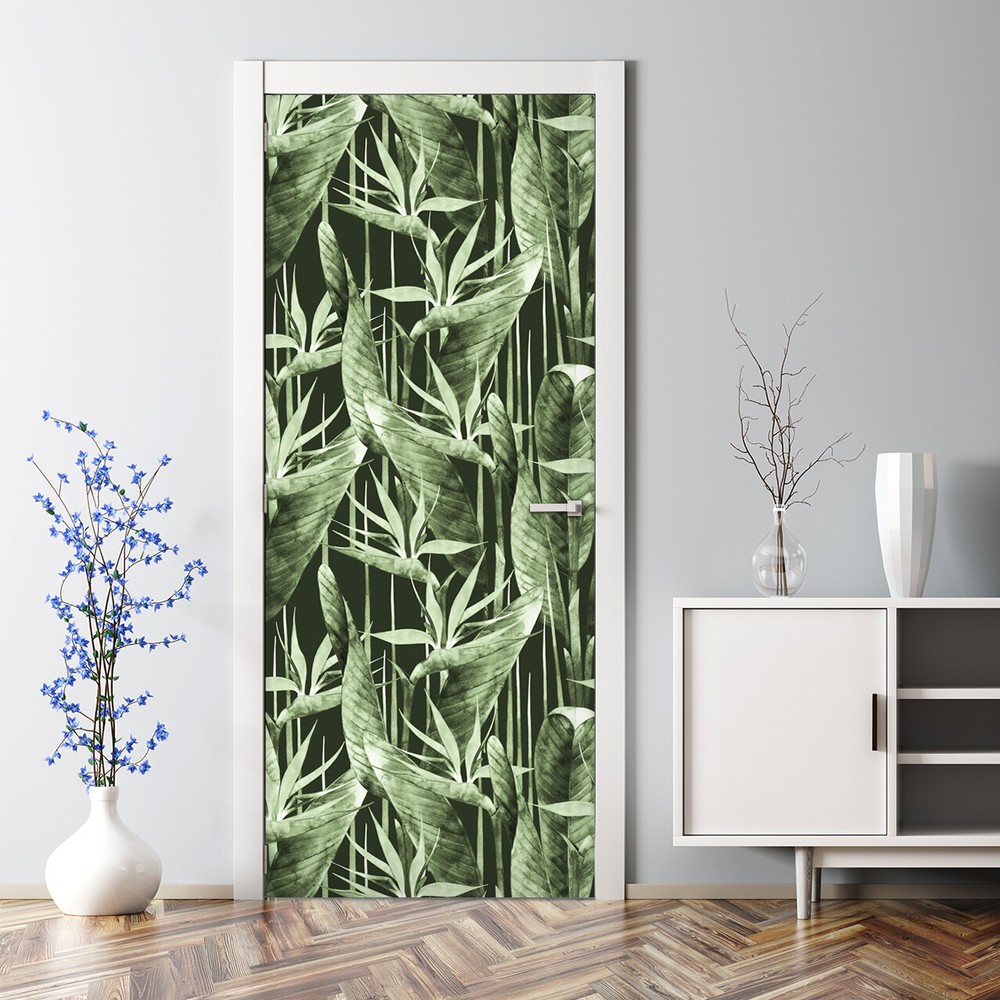 Dark Jungle Watercolor Leaf Bubble-Free Self-Adhesive Door Decal