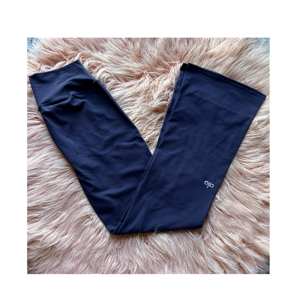 alo Navy High Rise Ankle Leggings Women L Stretch Solid Logo Knit