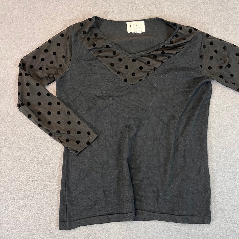 Andrea Jovine Womens Sz Small Polka Dot Sleeve And Neck Blouse V Neck Mesh LS