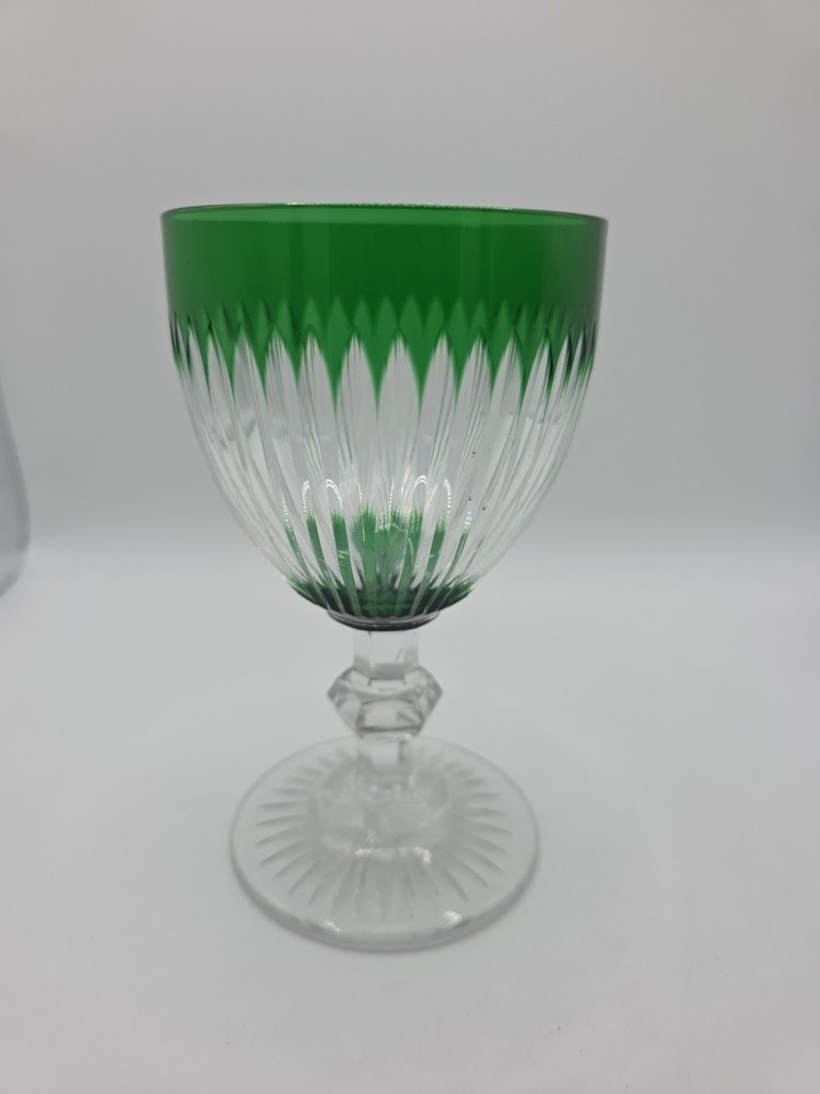 Vtg Emerald Green Cut to Clear Crystal Goblet Bohemian Czech Emerald Wine Glass