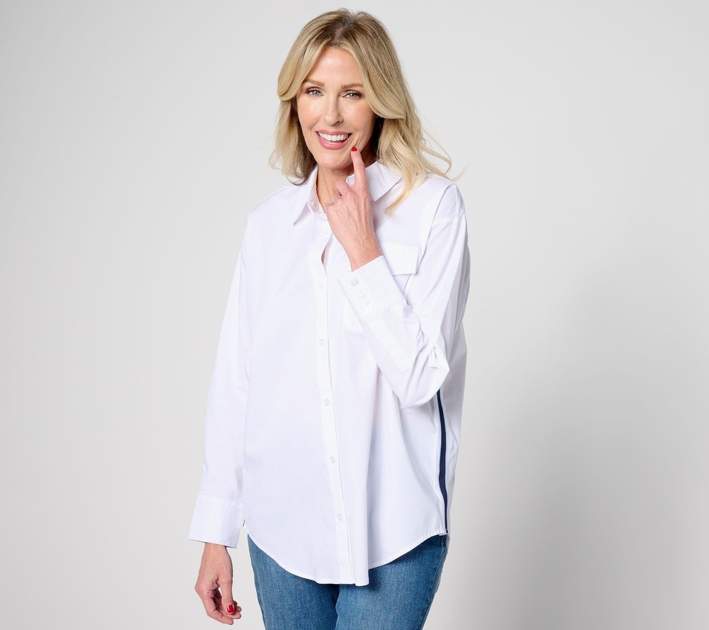 Studio Park Women's Top Sz L x Amy Stran Button Front Side Stripe White A658666