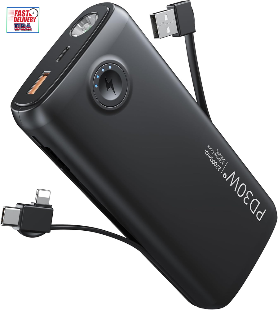 Portable Charger with Built in Cable, 27000Mah Power Bank QC4.0 22.5W PD3.0 USB