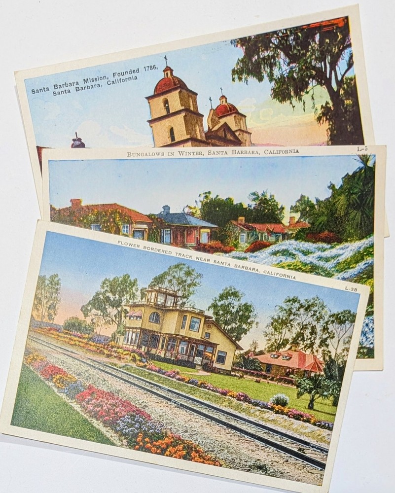 3 Lot Vintage Postcards~Santa Barbara CA~Bungalows, Flower Borders, Mission