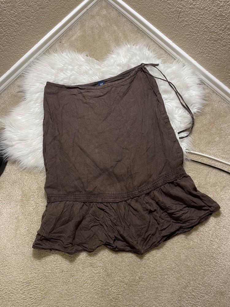 Gap Linen Skirt Womens Size 6 Brown 100% Linen Midi Ruffled Skirt Side Zip
