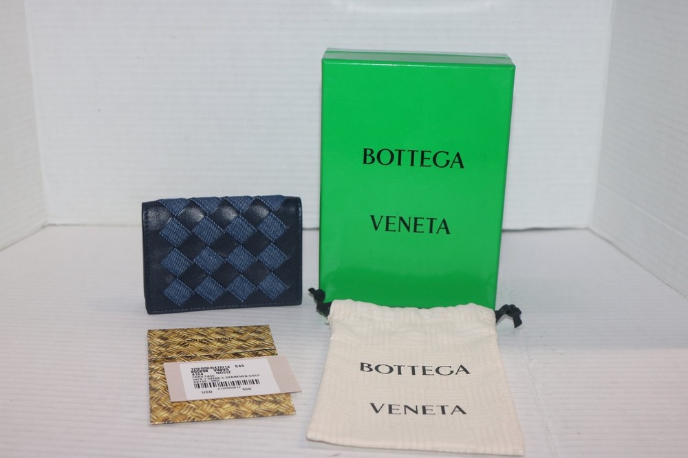 Bottega Veneta Leather & Denim Intrecciato Business Card Case Wallet