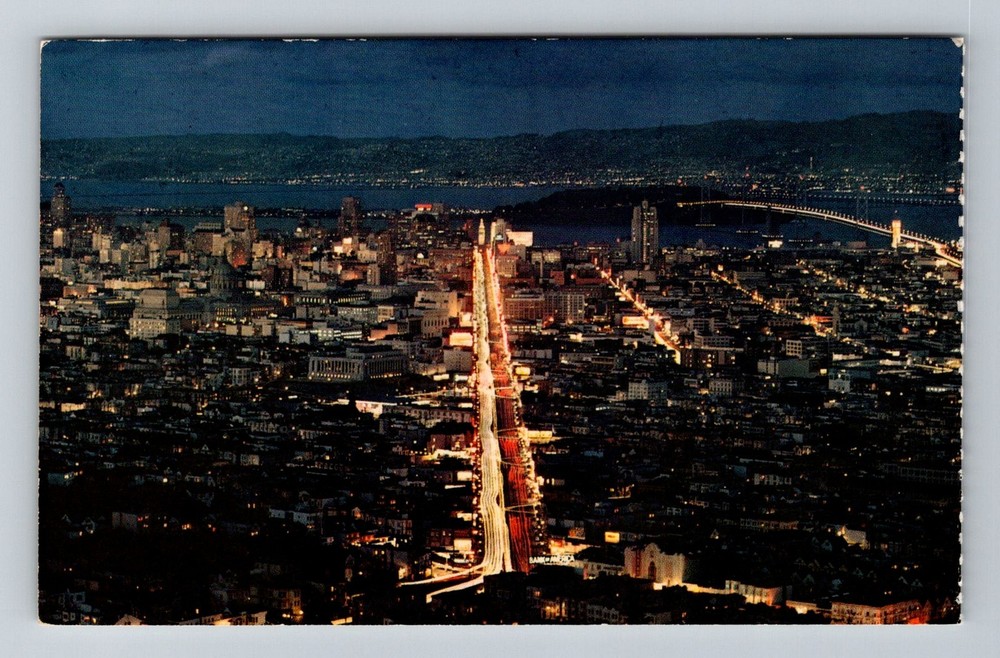 San Francisco CA-California Twin Peaks Night Skyline Bay Lights Vintage Postcard
