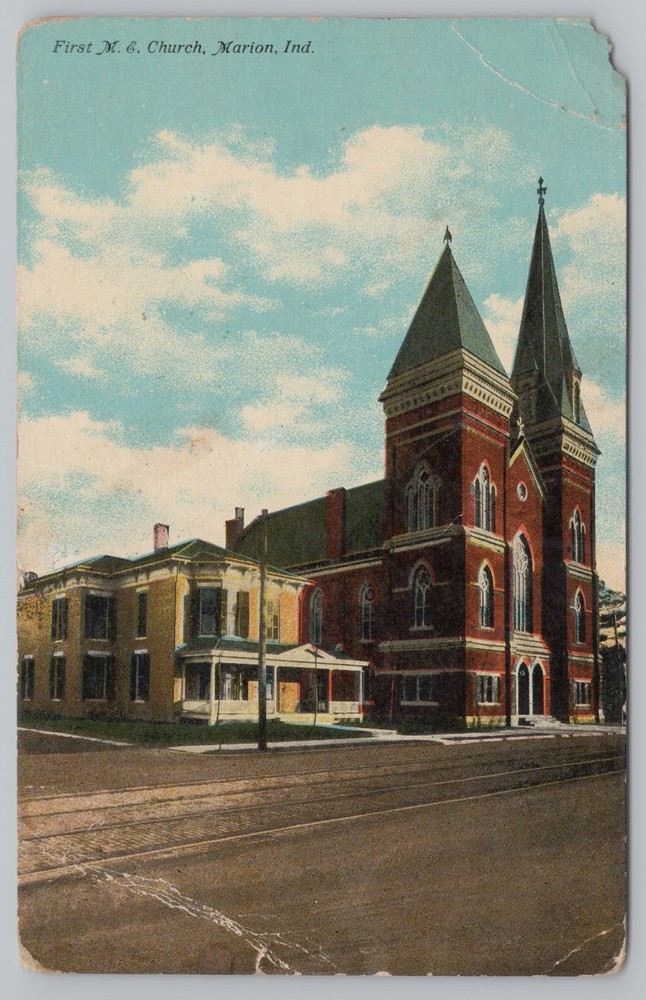Corner Street View~First M E Church~Red Temple Bldg~Marion Ind~PM 1910 Postcard