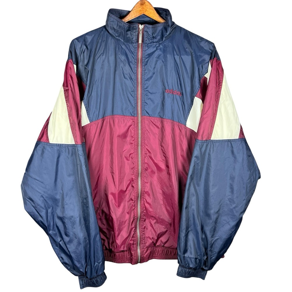 Vintage 90s Adidas Windbreaker Zip Up Jacket Blue Red White Streetwear Size XL
