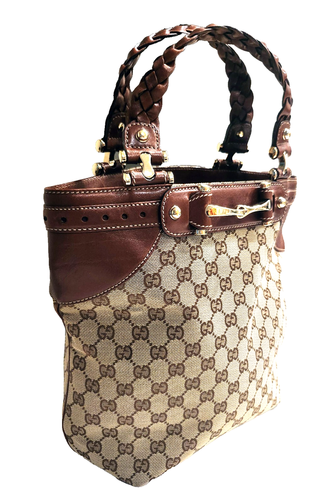 Vintage GUCCI Horsebit Tote in GG Canvas & Brown Leather with Braided Handle