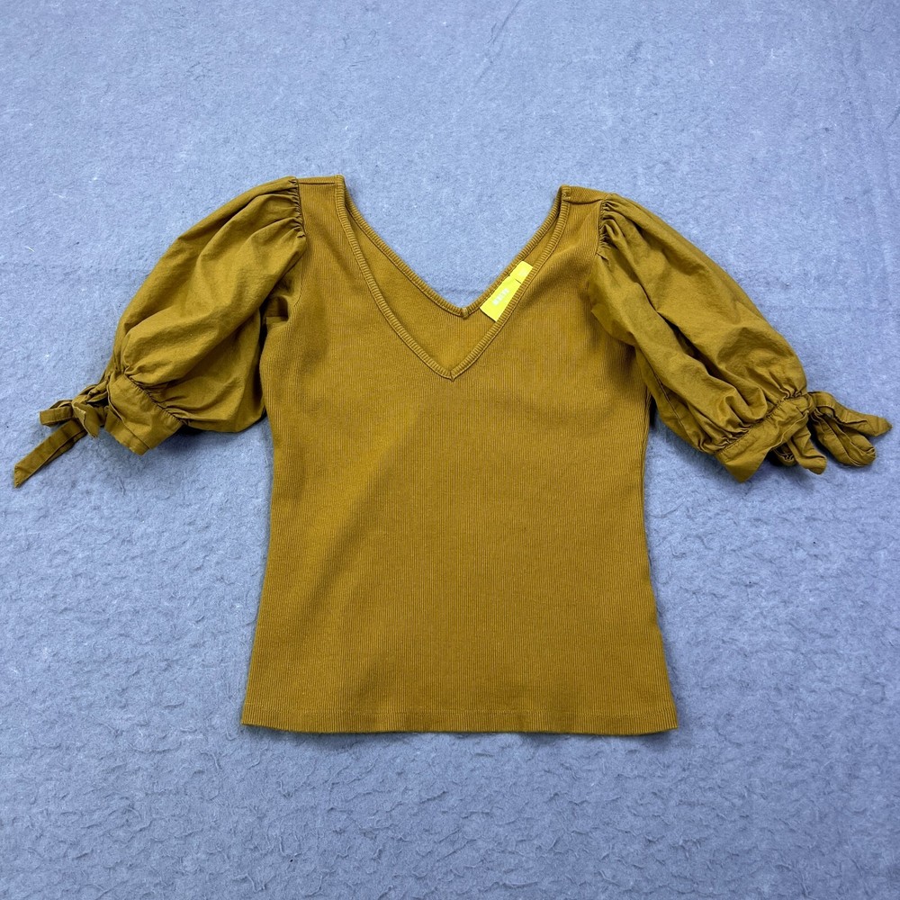 Anthropologie Maeve Top Women's Small Gold V Neck Puff Bow Sleeve Ribbed Blouse