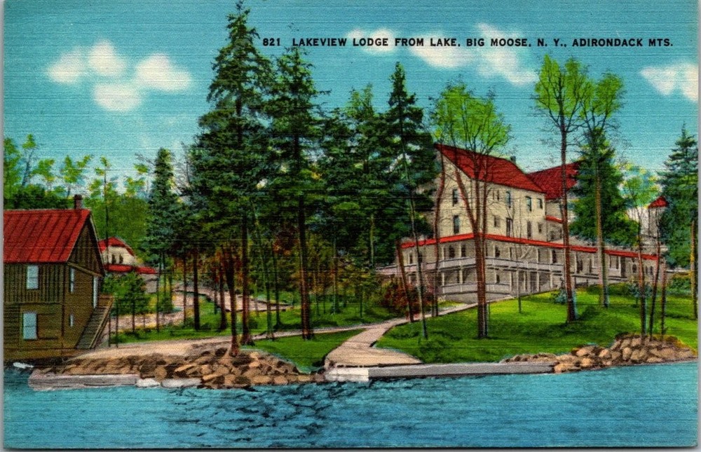 Lakeview Lodge Big Moose Lake NY Adirondacks Linen Postcard Unposted