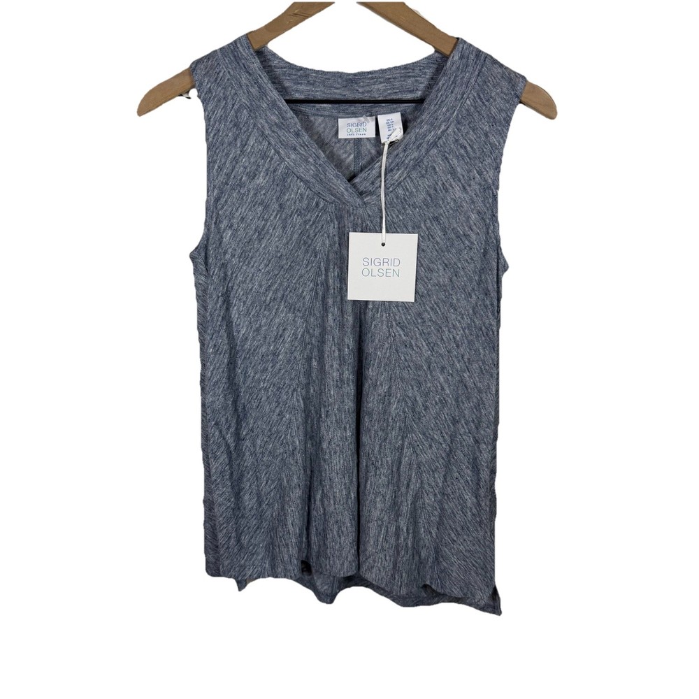 Sigrid Olsen 100% Linen Sleeveless Blouse Size S Blue Beach Coastal Resort NEW
