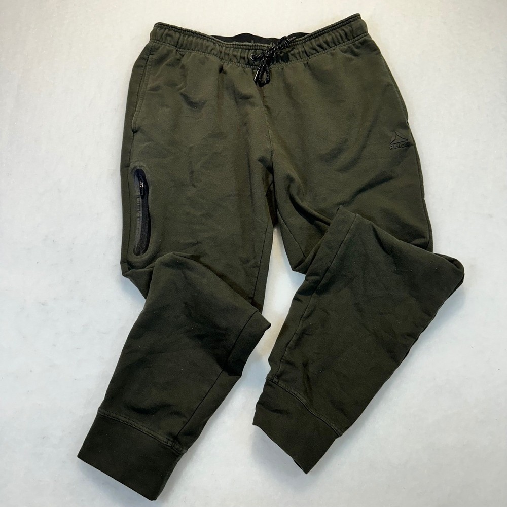 Reebok Mens Joggers Olive Green Fleece Sweatpants Large Athleisure Casual