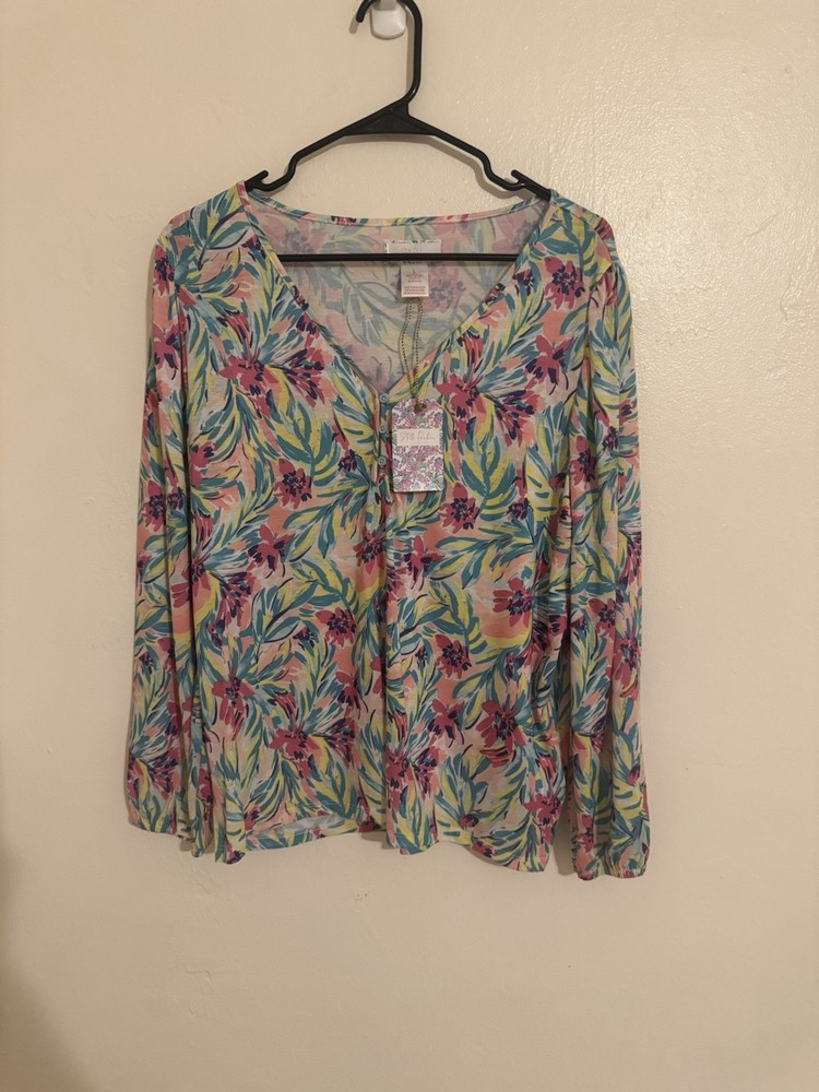 Stella Parker Multi color Blouse Size Large Top Floral Long Sleeves