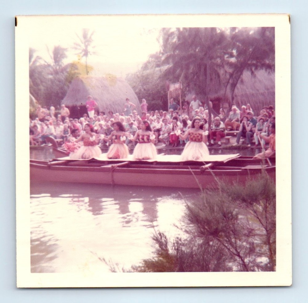 Old Vintage Square Color Photo HAWAII HAWAIIAN LUAU HULA DANCERS WOMEN BOAT