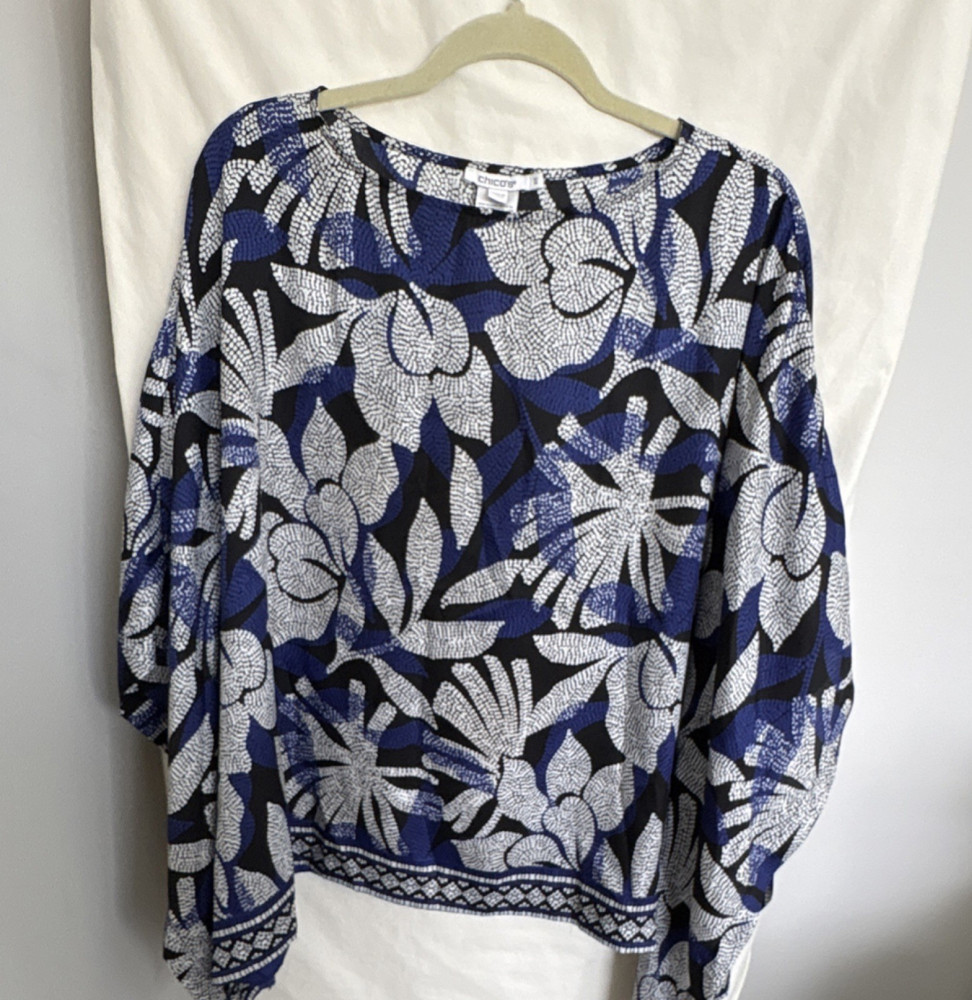 Chico's Women's Floral Tunic Blouse S/M Purple  White Long Sleeve Round Neck