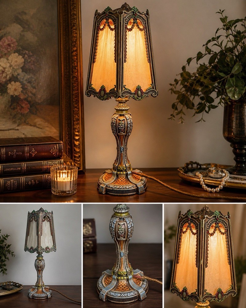 Antique Boudoir Table Lamp Painted Cast Metal Floral Vanity Accent Lamp 1920s