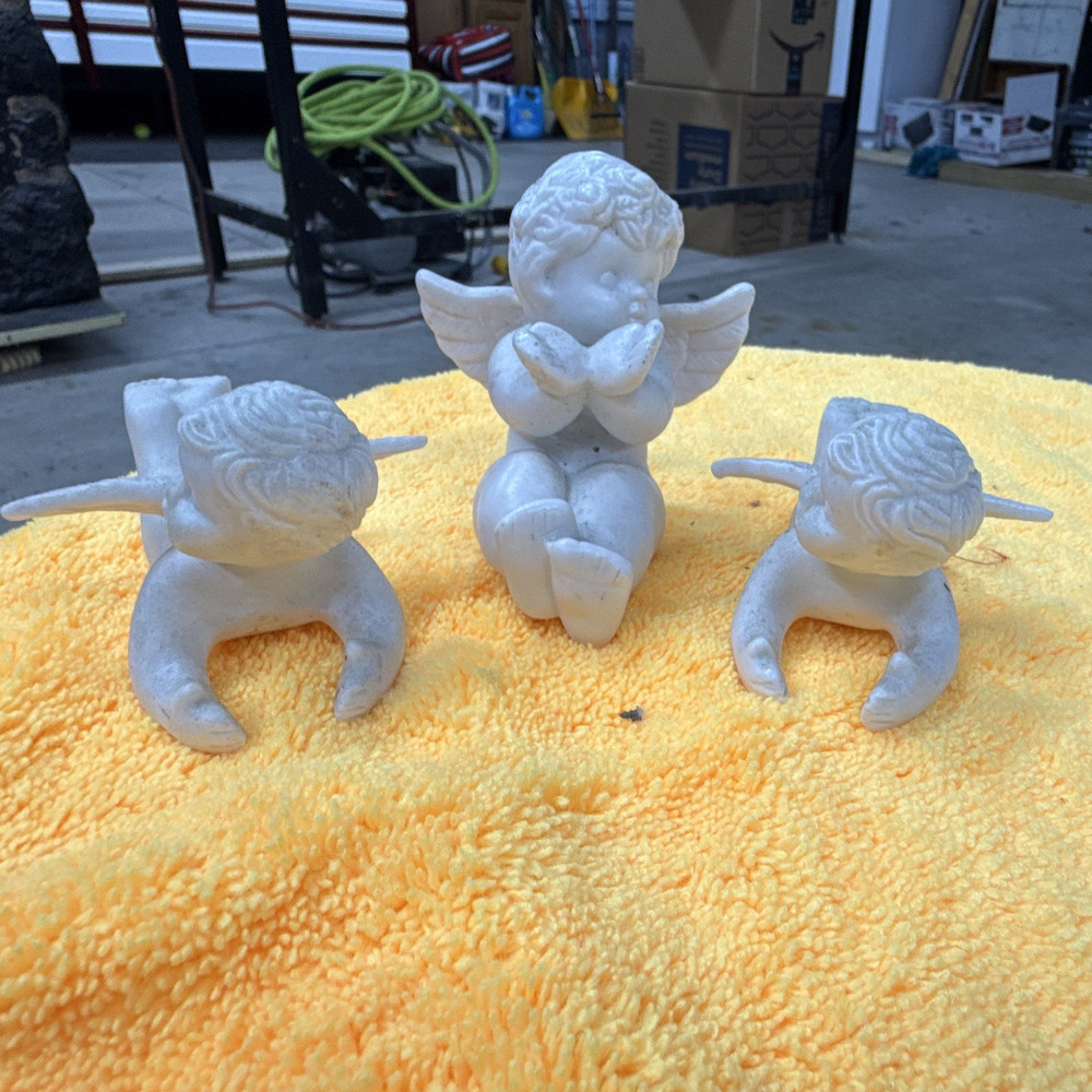 White Stone Cherub Angel Figurines Set of 3 Matte Finish Unboxed