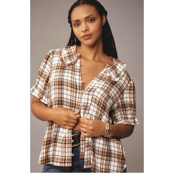 Pilcro Anthropologie Keira Collared Button-Front Blouse Plaid Edition Medium