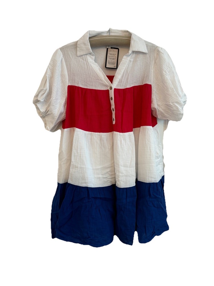 NWT Peach Love M Tiered A-Line Babydoll Mini Dress Red White Blue Patriotic