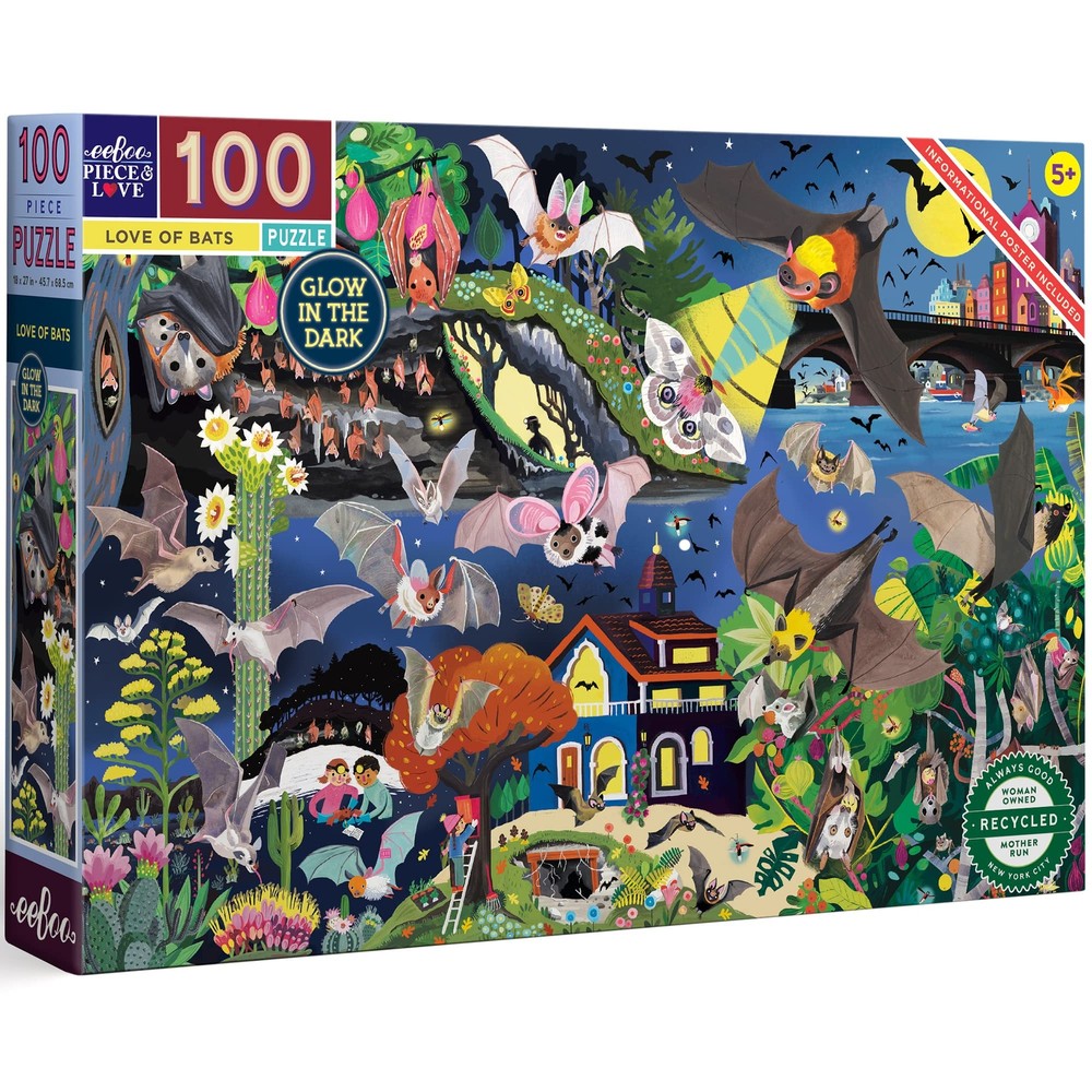 eeBoo Love of Bats Glow in The Dark 100 Piece Jigsaw Puzzle/Ages 5+ PZBAT