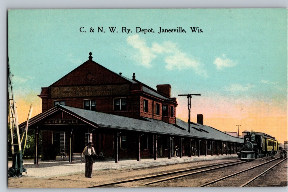 Chicago & Northwestern Railway Depot Train Station Janesville WI C1910 Postcard